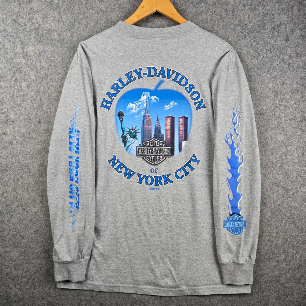 Vintage Harley-Davidson Shirt Mens L Gray Twin Towers Flames Sleeves Long Sleeve